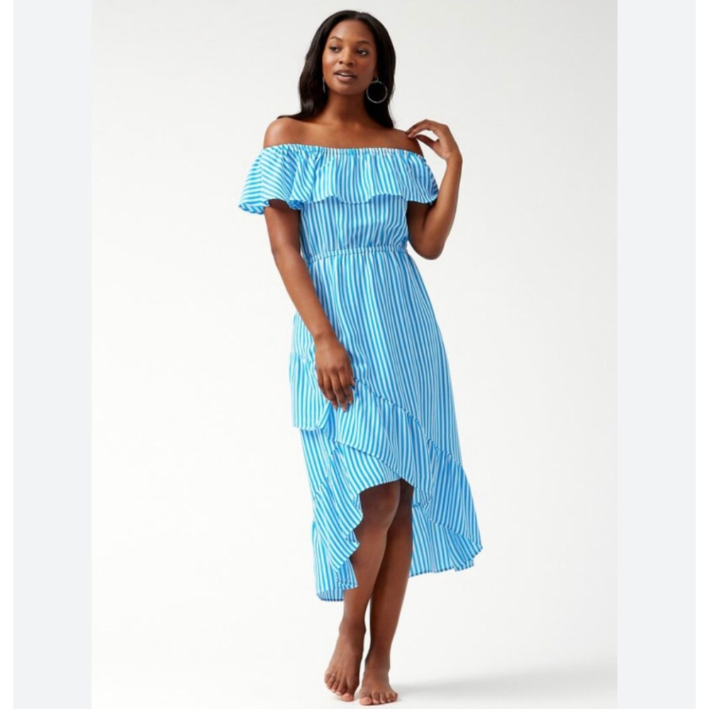 Tommy Bahama Blue Striped Off Shoulder Flounce Midi Dress Size Small